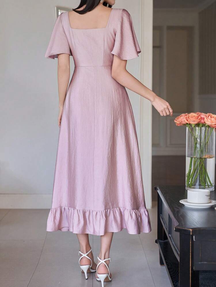 Women's Elegant Solid Color Square Neck Ruffle Sleeve Dress, Spring/Summer Wedding Guest Dress Maxi Dress Sundress