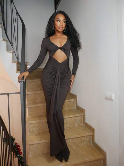 Yess Loren 镂空长袖褶饰长裙假日度假夏季婚礼宾客生日海滩伊比沙岛秋季夜出婚礼宾客、优雅、约会之夜、圣诞节