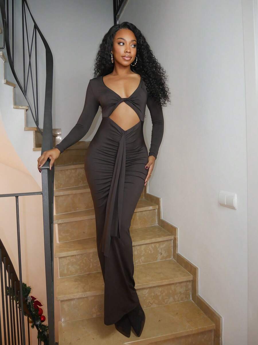 Yess Loren 镂空长袖褶饰长裙假日度假夏季婚礼宾客生日海滩伊比沙岛秋季夜出婚礼宾客、优雅、约会之夜、圣诞节