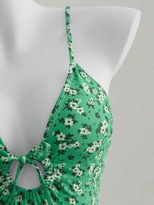 Elamini 女士夏季沙滩度假花卉波点印花镂空前后系带连体泳衣 - 綠色 - 查看 5