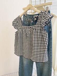 INAWLY Women's Autumn New Cute Ruffle Hem Blouse - Black and White - View 2