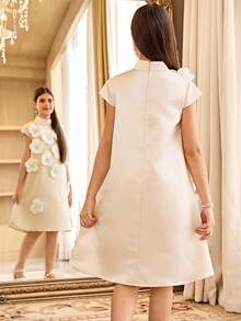 SHEIN Tween Girl Elegant Beige Summer Wedding Guest Dress, Cute 3D Floral Decor A-Line Short Sleeve Solid Color Tween Girl Dress For Back To School, Champagne - Apricot - View 6