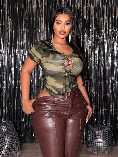 Slaydiva 2026 New Sexy Camouflage Short Sleeve Bodysuit, Streetwear For Women, Suitable For Easter, Western Holidays, New Year, Valentine's Day