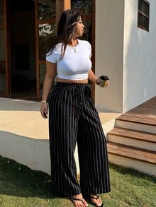 SHEIN EZwear 大码女式休闲/工作装条纹阔腿裤，春夏款 - 黑與白 - 查看 6