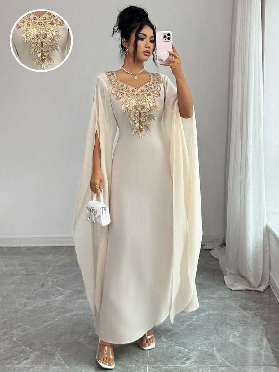 Elenzga Đầm nữ dáng chuẩn thanh lịch với cổ áo hoa và thiết kế thắt nơ sau lưng. - Màu be - Xem 1