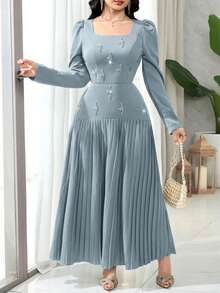 Modelyn 女士水钻装饰褶皱优雅长袖连衣裙 - 藍色 - 查看 2