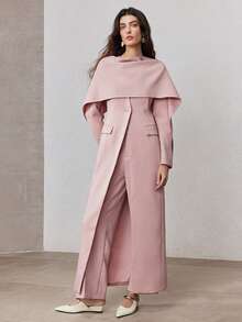 ZEYLAH Long V-Neck Shawl Collar Cinched Waist Fitted Jacket, Spring - Pink - View 3