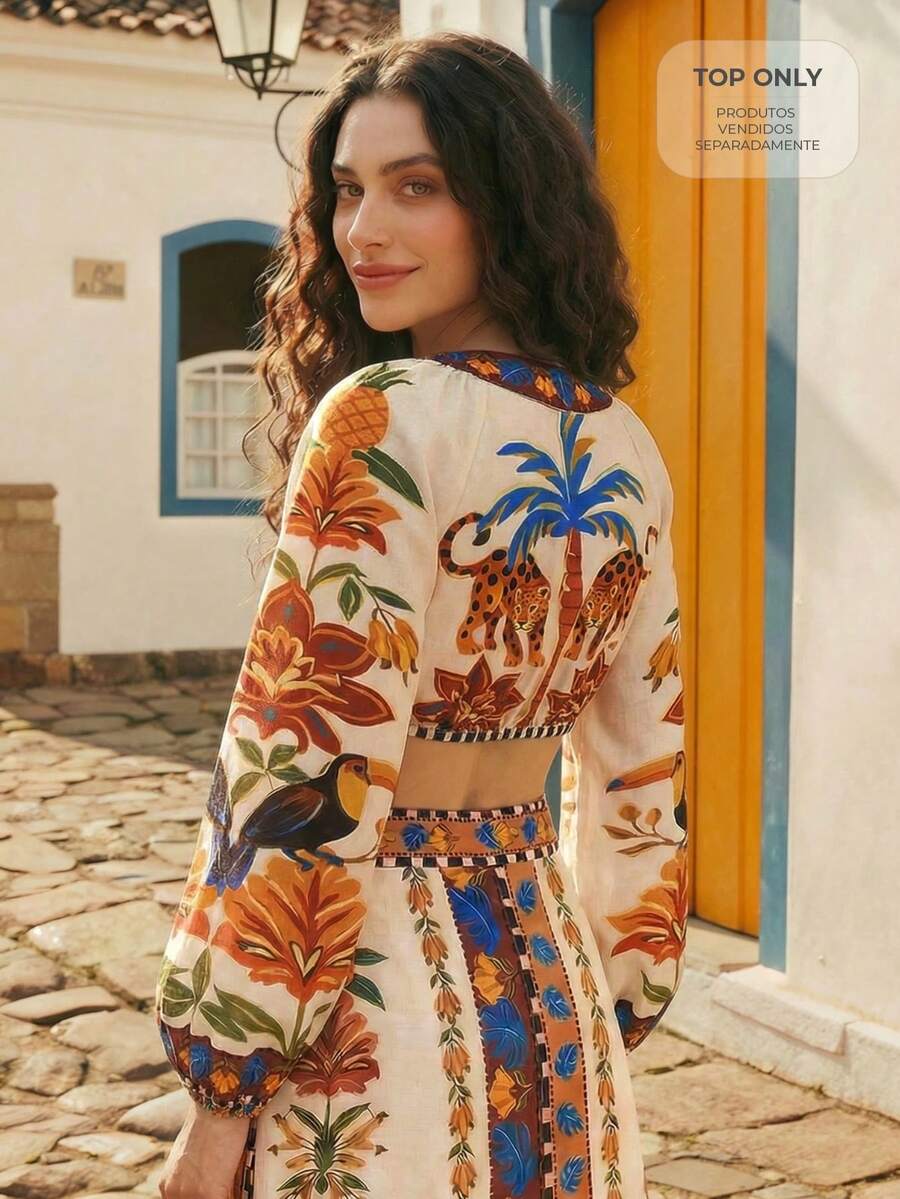 CAJUNI Women's Casual Tropical Resort Leopard, Coconut Tree, Parrot Orange Print V-Neck Long Sleeve Tie Front Crop Top, Elegant Blouse, Outerwear, Autumn, Boho Blouses, Resort Wear Women, - Orange - View 1