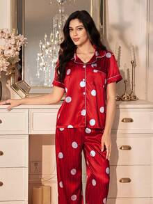 Women's New Polka Dot & Striped Button-Front Short Sleeve Satin Pajama Set - Red - View 6