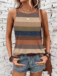 SHEIN LUNE 女士条纹圆领休闲宽松百搭背心 - 彩色 - 查看 3