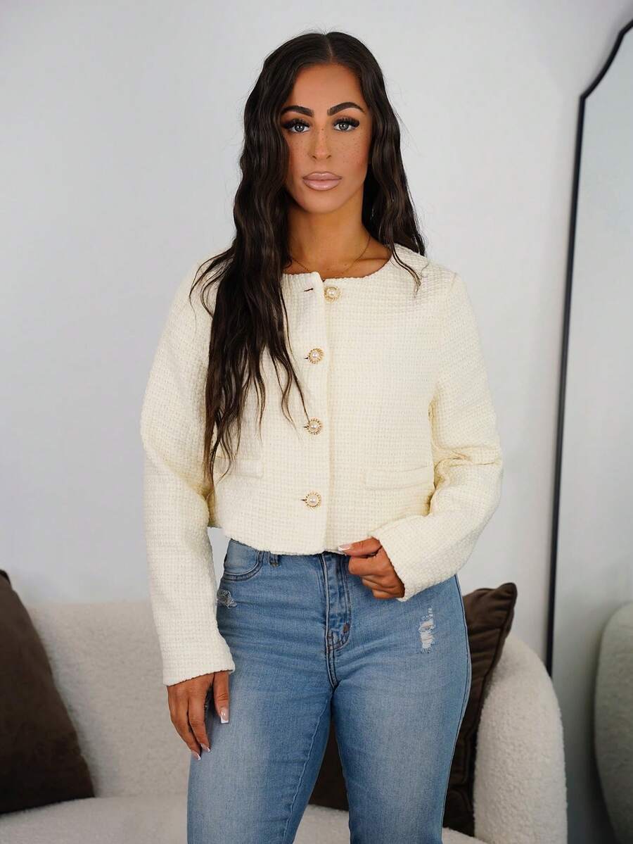 SAYEHFBABY 秋冬纯色纽扣前襟大衣 - 米色 - 查看 1