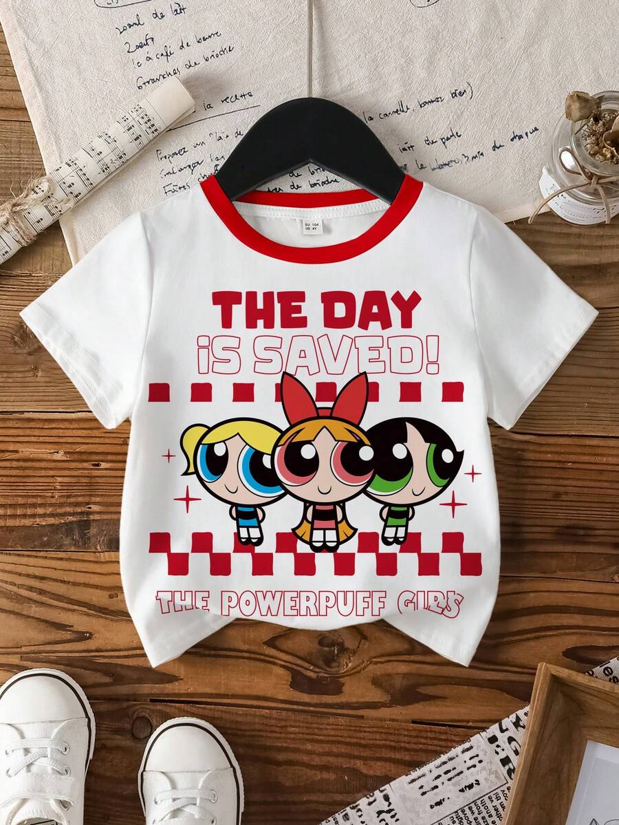 THE POWERPUFF GIRLS X SHEIN Young Girl Casual Daily Commute Versatile Cute Blossom Pattern , Bubbles Pattern Short Sleeve White T-Shirt, Summer - White - View 1