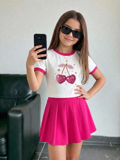 Niña conjunto casual moderno letras brillantes contraste colores ajuste regular cuello redondo manga corta primavera verano uso diario conjunto  y falda
