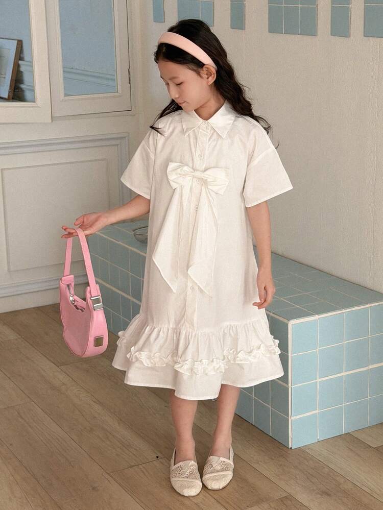 Tween Girls' Solid Color Drop Shoulder Short Sleeve Casual Dress With Bow Decor And Ruffle Hem Spring Summer