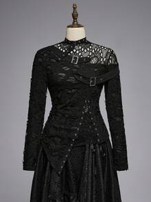 ROMWE Áo cỡ lớn gợi cảm màu đen rách họa tiết hoa phối lưới, vạt bất đối xứng, phong cách Punk Goth. - màu đen - Xem 1