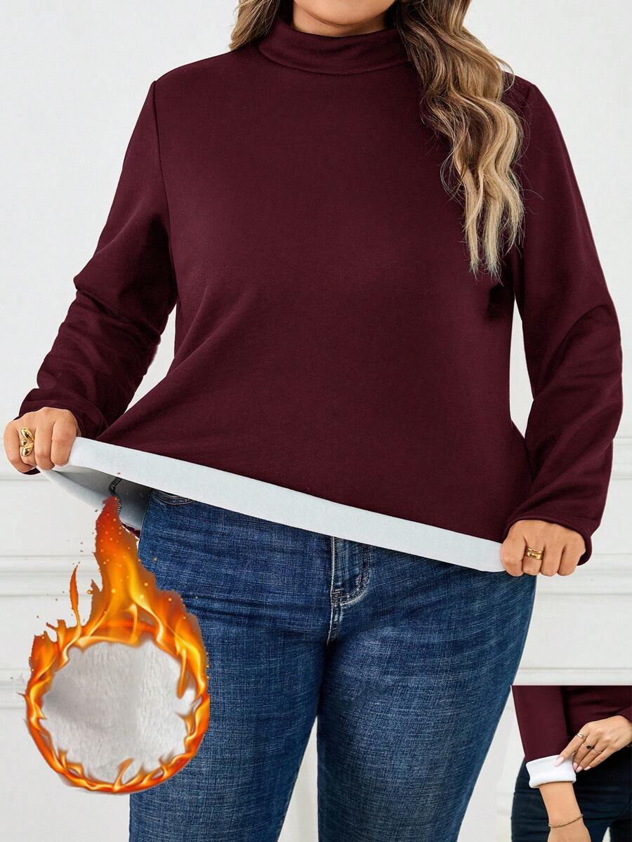 SHEIN CURVE+ Camiseta térmica de manga longa preta com forro térmico, tamanho plus, outono/inverno - Violeta - Visão 1