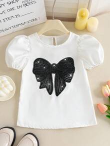 年轻女孩时尚简约黑色蝴蝶结装饰短款泡泡袖衬衫 - 白色 - 查看 5