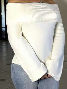 Vassilux Off Shoulder Fold Over Sweater,Long Sleeve Tops Knit Pullover Fall Winter Outfit - Beige - View 4