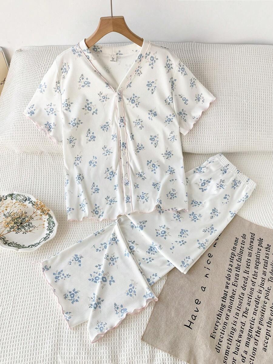 Elegant Ditsy Floral Short Sleeve Top And Pants 2 Pieces Casual Comfortable Pajama Set For Teenage Girls Flower Girl Pajama Teen Pajamas Short Set Summer Pajama Set - White - View 1