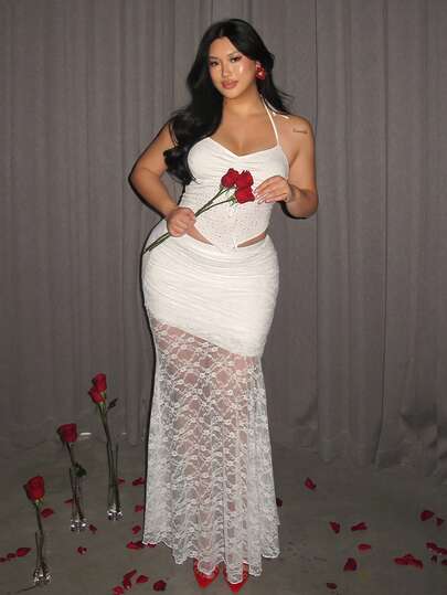 Firerie Falda elegante con pliegues y encaje, con dobladillo de cola de sirena, para mujer de talla grande