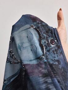 ROMWE Avant Women's New Chinese Style Mysterious Buddha Graphic Mesh Sequin Embroidered Long Sleeve Top