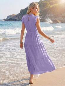 Sylviya 女式單色紋理荷葉領連衣裙,泡泡袖配腰帶