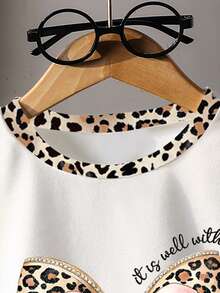 Young Girl Casual Minimalist Fashion Short Sleeve Leopard Print Bow Design Pattern Round Neck T-Shirt, Lightweight & Comfortable, Suitable For Spring/Summer, Casual Street, Outdoor, School, Party, Gift - Multicolor - View 4