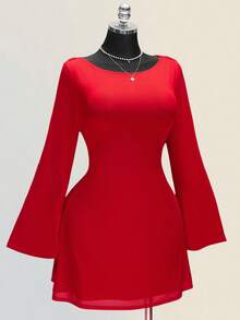 SHEIN ICON Plus Size Retro Sexy Elegant Women's Ball Party Evening Banquet Valentine's Day Outfit Round Neck Backless Swing Neck Flared Long Sleeve Bright Red Mesh Fitted Waist Flowing Skirt Dress - Red - View 5