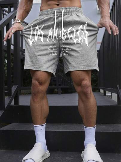 Manfinity LEGND Pantalones cortos casuales y versátiles para hombres con estampado de letras, cintura con cordón y bolsillos en diagonal