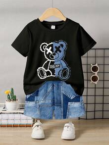 两件套时尚舒适的男童小熊图案T恤和牛仔短裤，男童套装，适合春夏穿着，百搭日常穿搭、拍照、情人节礼物 - 彩色 - 查看 3