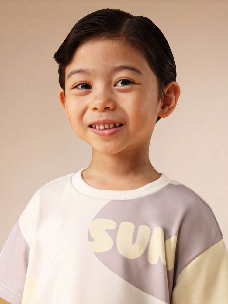Color Block T-Shirt And Shorts Set With Sun Print