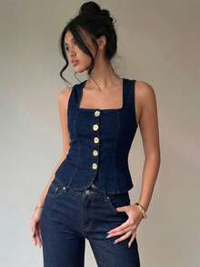 Aloruh Women's Fashion Casual Button Denim Vest Top - Blue - View 6