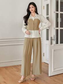 DAZY Conjunto de camisa y pantalón de pierna ancha de 2 en 1 con contraste de color y parches elegante para mujer, para primavera/verano, conjunto de ropa de descanso para mujer - Caqui - Ver 4