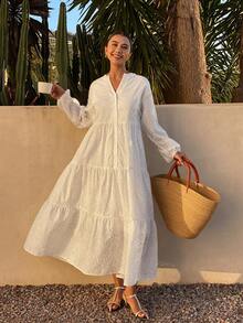 DAZY Women's Elegant White Round Neck Embroidered Shirt Dress, Spring/Summer - White - View 1