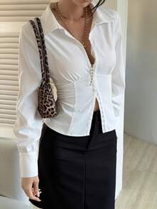 Livesso Women's Lace Trim Hollow Out Casual Blouse, Elegant Office Wear, Suitable For Valentine's Day, Wedding, Vacation, Slim Fit Long Sleeve Shirt, Spring/Summer - White - View 5