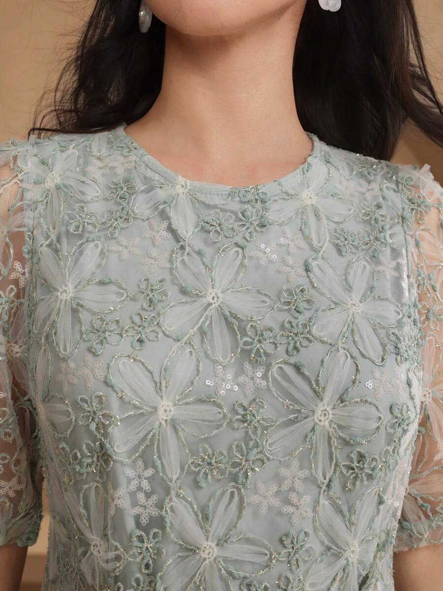 DAZY 高端刺绣蕾丝中长连衣裙，女士圆领开衩下摆法式优雅派对礼服 - 綠色 - 查看 1