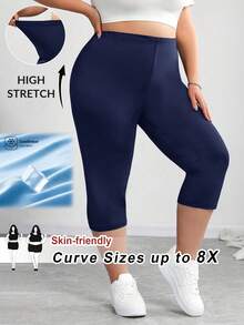 SHEIN CURVE+ 加大码女士黑色运动套装，紧身高弹七分裤，夏季/乡村/海滩度假装/沙滩装/沙滩服饰 - 藏蓝色 - 查看 8