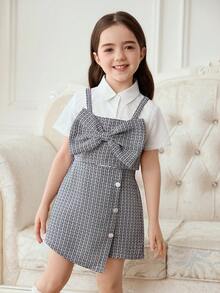 Elladie kids Set de 3 piezas para niñas jóvenes: Camisa de solapa de verano nueva, Camiseta sin mangas de manga corta y abierta por delante, Falda pantalón casual con lazo, Decoración con botones, Estilo minimalista y elegante, Versátil para verano, trabajo y fiesta - Blanco y Negro - Ver 7