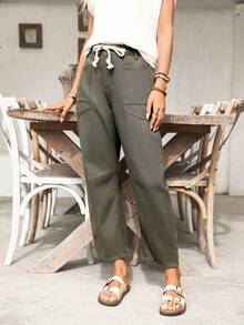 EMERY ROSE New Design Drawstring Waist Slim Fit Women Cropped Jeans - Army Green - View 3