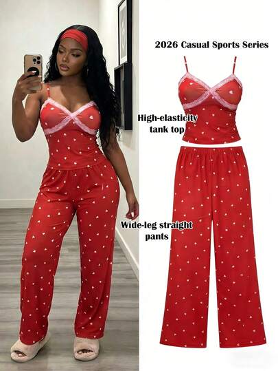 Slaydiva New Spring/Summer Music Festival Valentine's Day Casual And Simple Basic Style Y2K Street Sweet Internet Celebrity Bestseller Daily Date Hot Girl Style Sexy Home Wear Halter Pink Lace Lace Patchwork Bow Decoration Deep V-Neck Sleeveless Slim Short Vest + Wide-Leg Pants Super Long Pants Red Base Pink Heart Full Print Women's Two Pieces Set -G