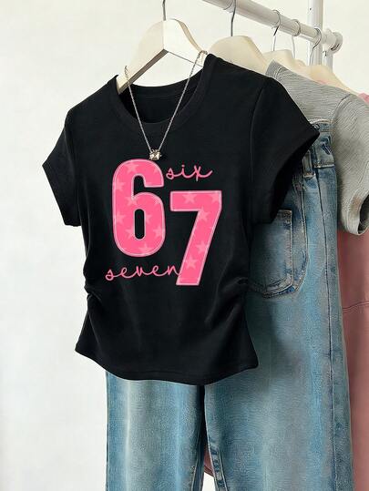 Resyla Women's Numeric Print Crew Neck Short Sleeve Pleated Casual T-Shirt