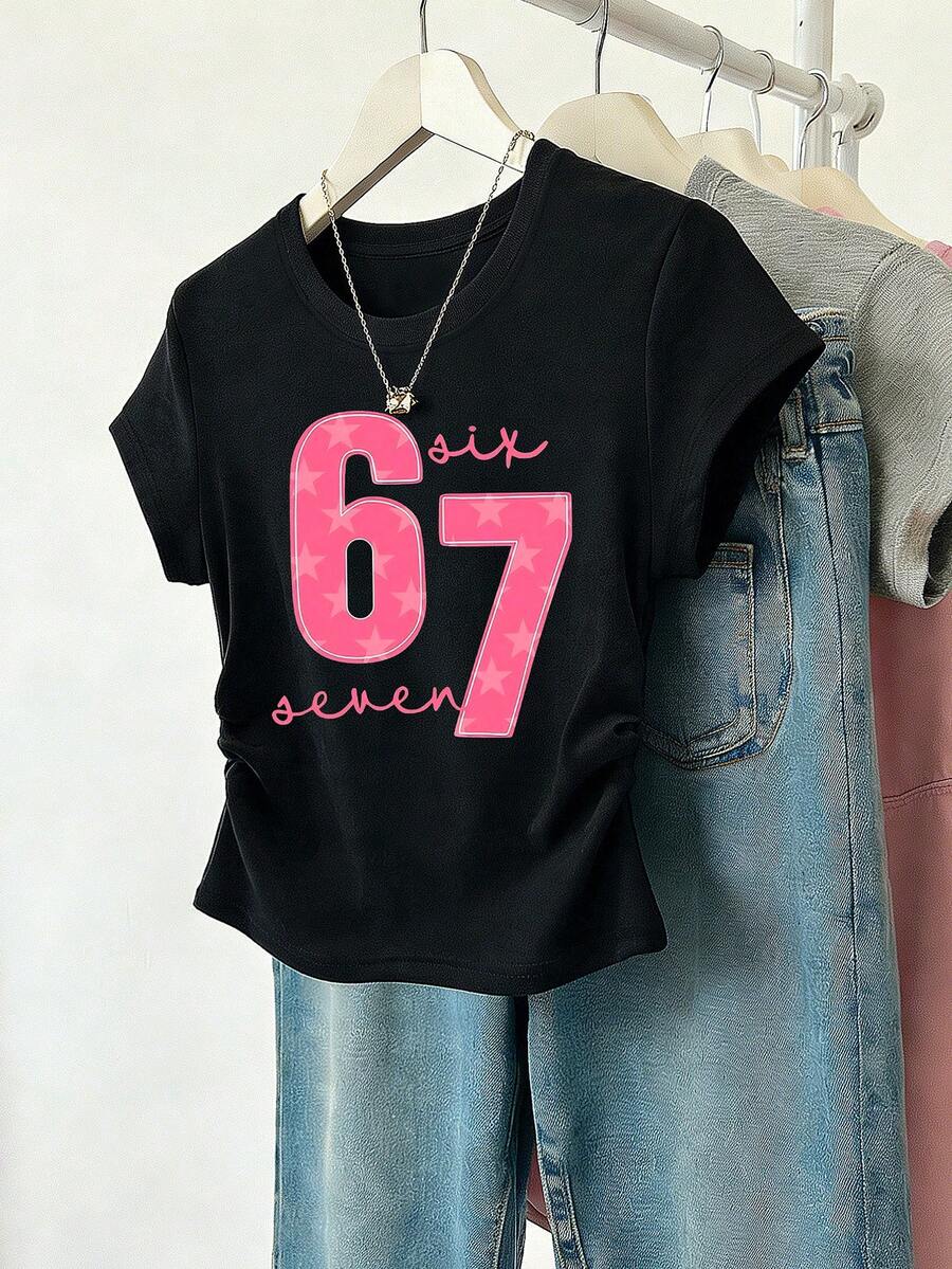 Resyla Women's Numeric Print Crew Neck Short Sleeve Pleated Casual T-Shirt - Black - View 1