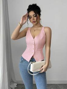 Selianne 女士休闲纯色纽扣吊带背心 - 粉色 - 查看 5