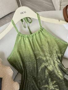 INAWLY Plant Print Backless Spaghetti Strap Camisole - Green - View 6