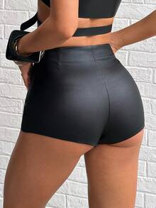 Jeanoix Y2K Women's Coated Keyhole Buckle Design Skinny Sexy Shorts - Black - View 2