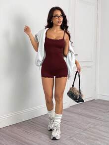 SHEIN PETITE Women's Solid Color Lace Panel Spaghetti Strap Simple Slim Jumpsuit - Red Violet - View 5