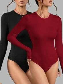 SHEIN Tall 2pcs/Set Women Solid Color Knitted Round Neck, Casual, Cozy Chic, Slim And Versatile Long Sleeve Bodysuit - Multicolor - View 3