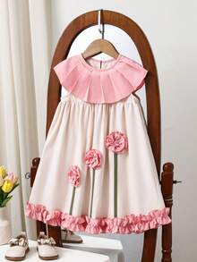 SHEIN LMoss Kids 少女撞色荷叶边碎花休闲连衣裙 - 黑與白 - 查看 4