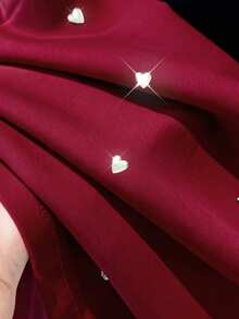 Resyla Heart Pattern Rhinestone Embellished Casual Women Short Sleeve Round Neck T-Shirt, Gift For Friends - Burgundy - View 4