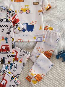 4件套男童印花针织圆领弹力T恤和打底裤套装，趣味汽车、巴士、飞机数码印花，修身剪裁，睡衣、家居服，春夏款 - 彩色 - 查看 5